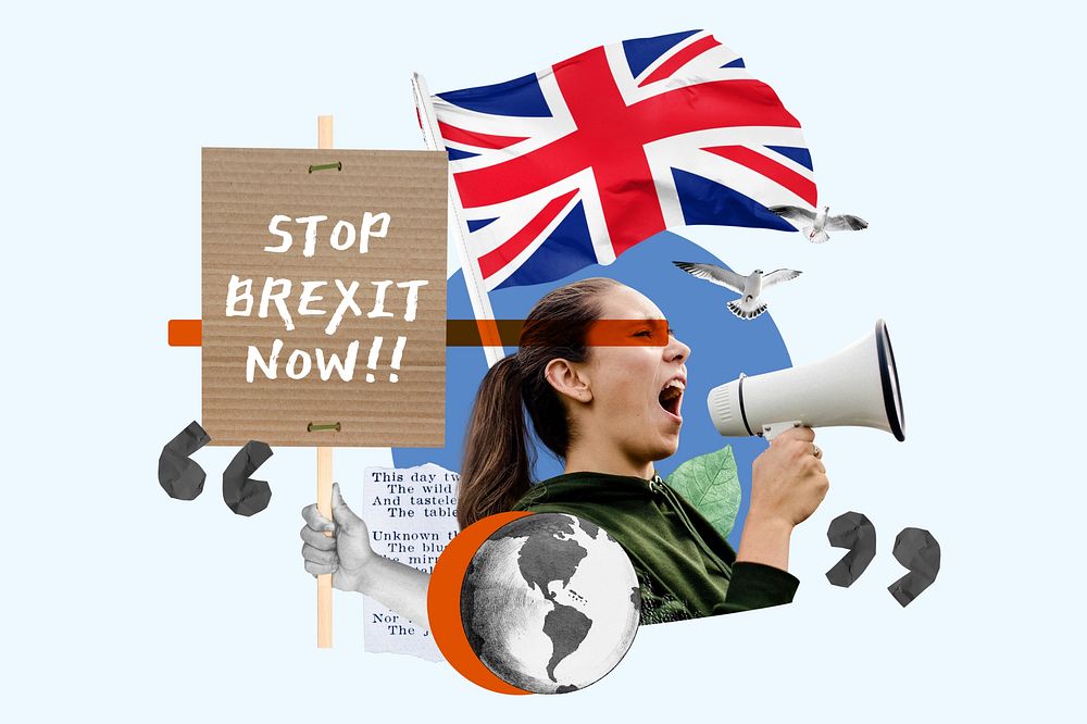 Stop  brexit now, woman holding megaphone remix