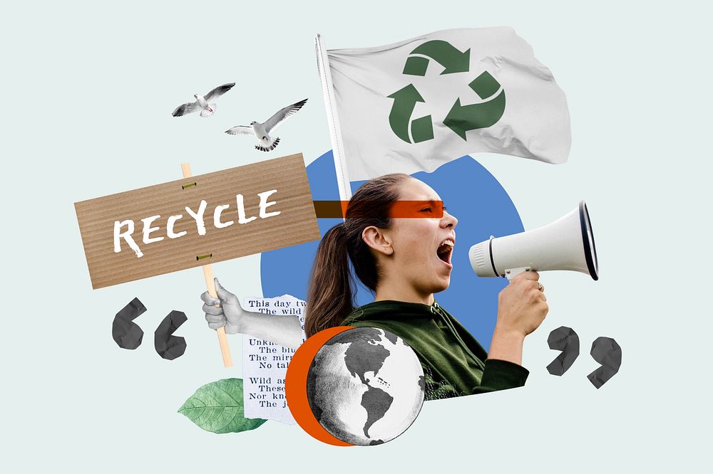 Recycle environment protest, woman holding megaphone remix