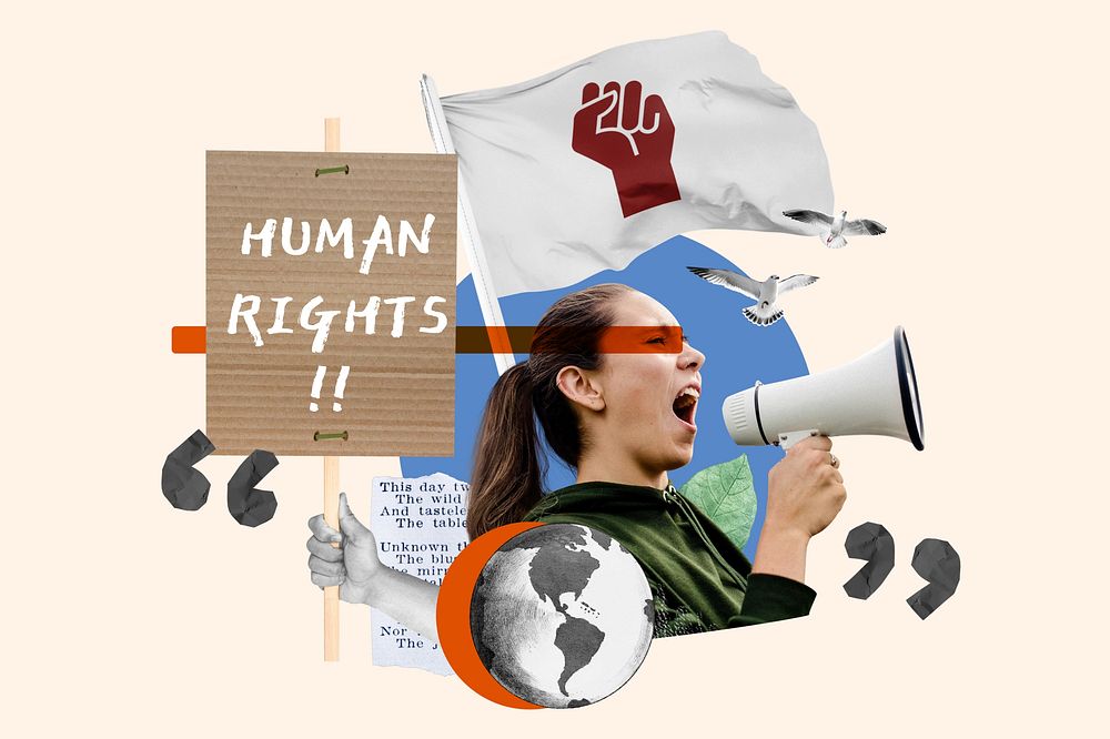 Human rights word, woman protest collage art