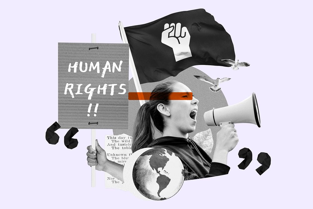 Human rights word, woman protest collage art