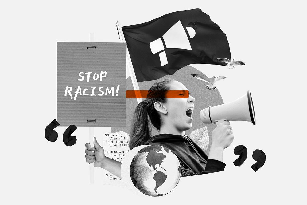 Stop racism protest, human rights collage art