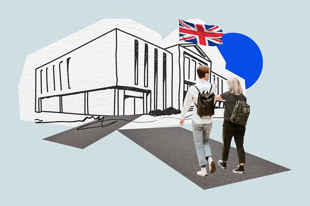 Study in UK, education line art collage