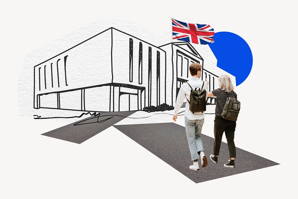 Study in UK, education line art collage