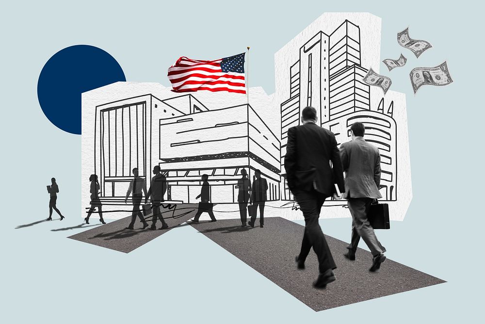 American corporate, business line art collage