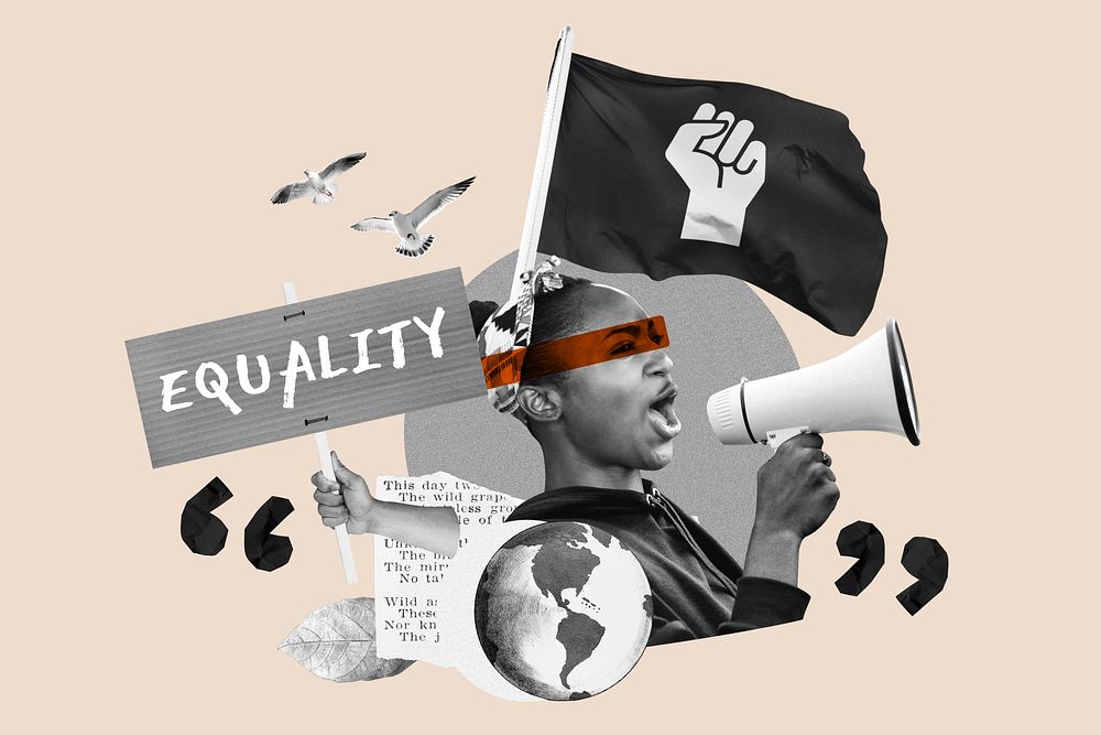 Equality word, woman protesting collage art