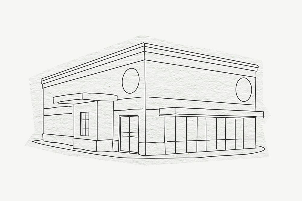 Cafe building, line art collage element psd