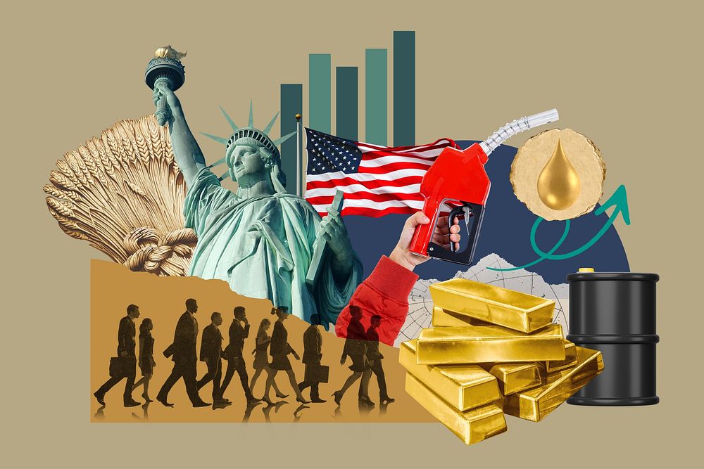 American economy, commodity market, money finance collage