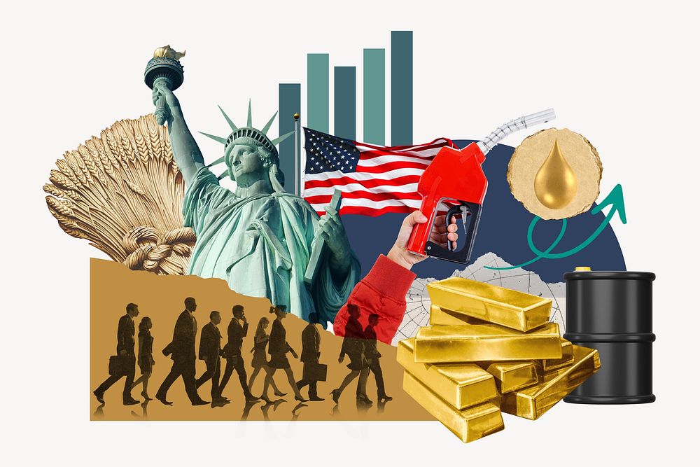 American economy, money finance collage