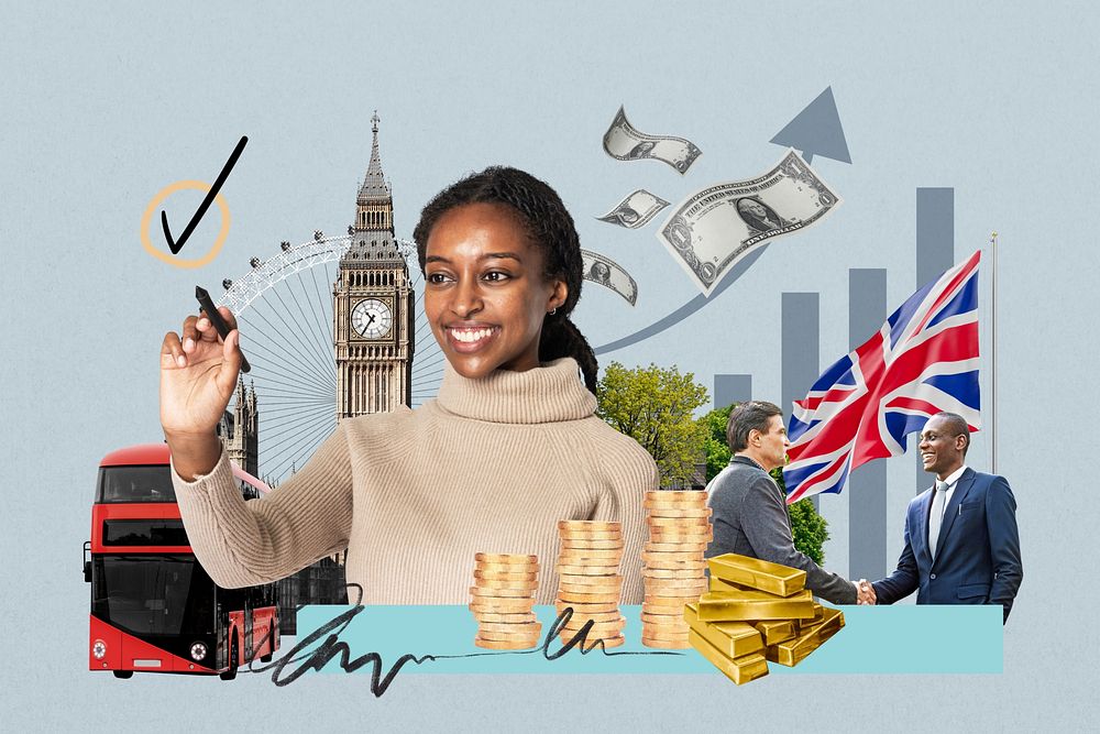 UK investment, money finance collage