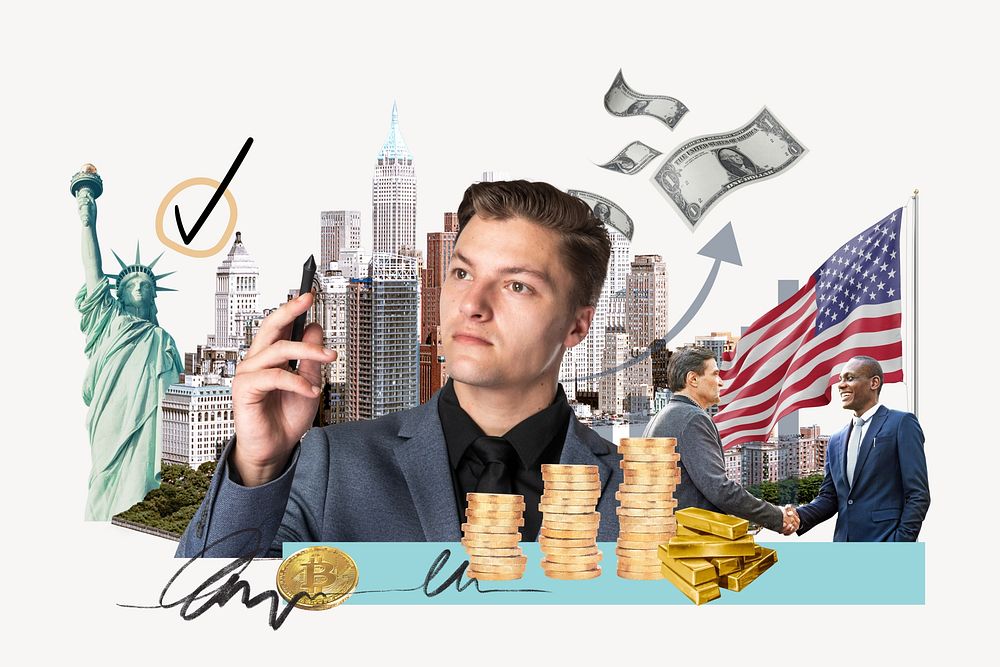 USA investment, money finance collage