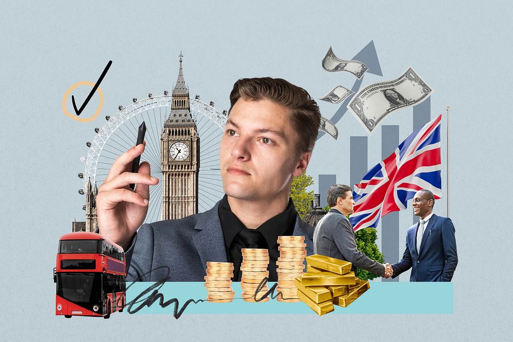 UK investment, money finance collage