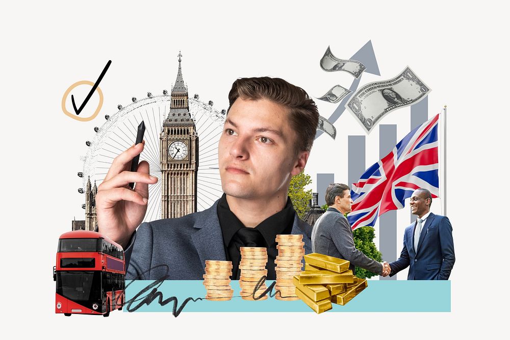 UK investment, money finance collage