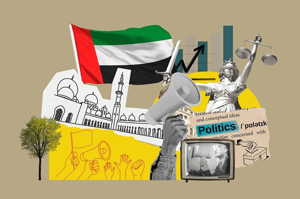 UAE politics, social issues paper collage