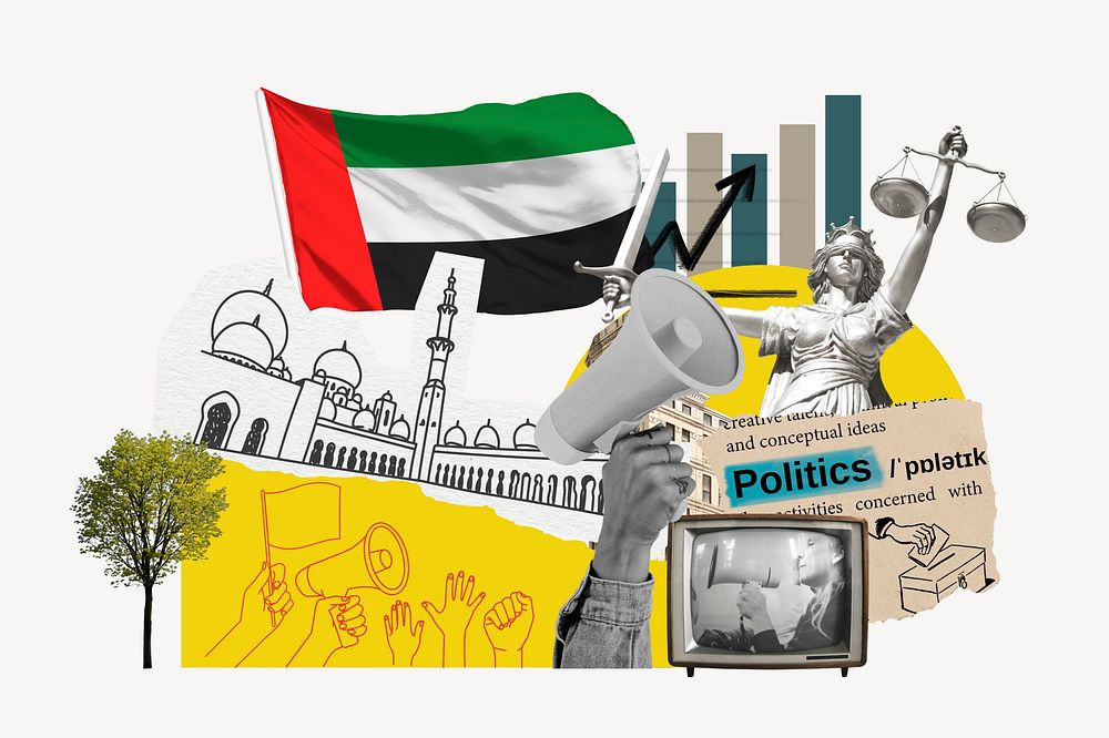 UAE politics, social issues paper collage