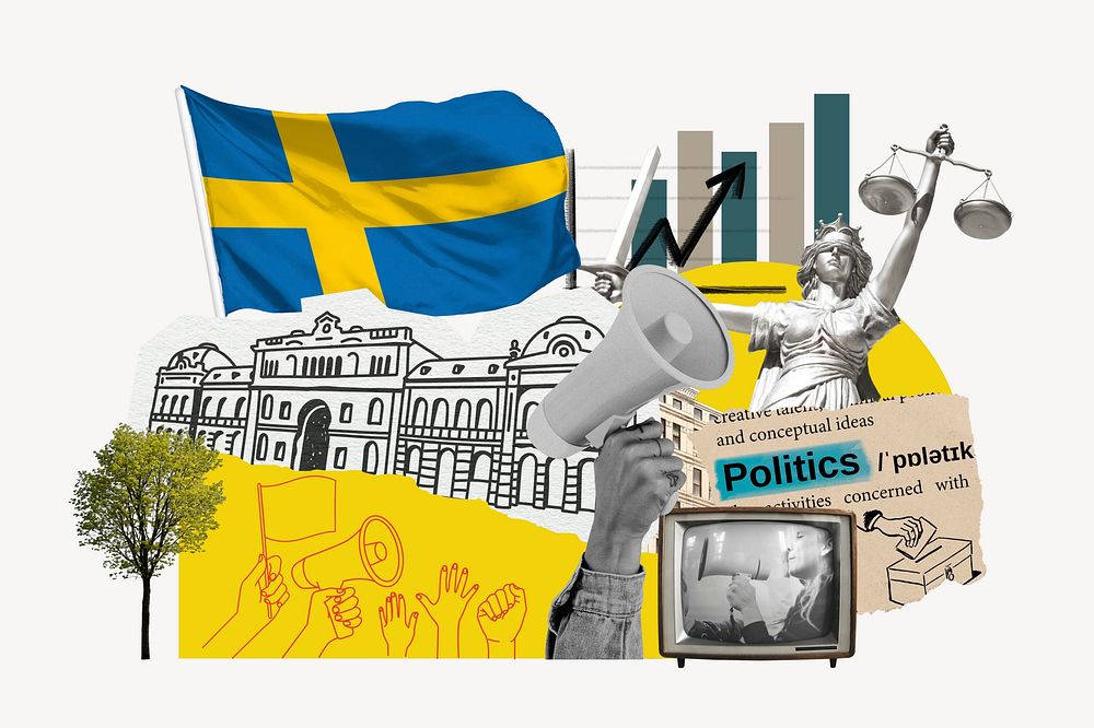 Swedish politics, social issues paper collage