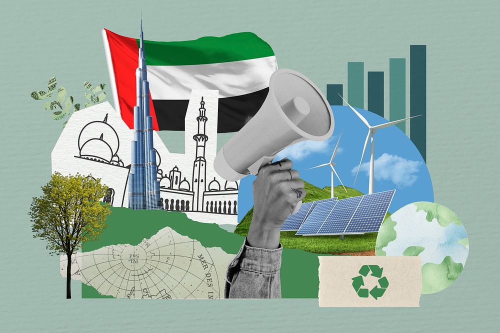 UAE climate protest, environment collage