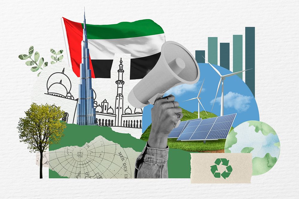 UAE climate protest, environment collage