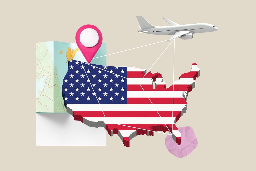 USA travel, plane tourism collage illustration