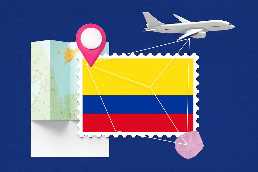 Colombia travel, stamp tourism collage illustration