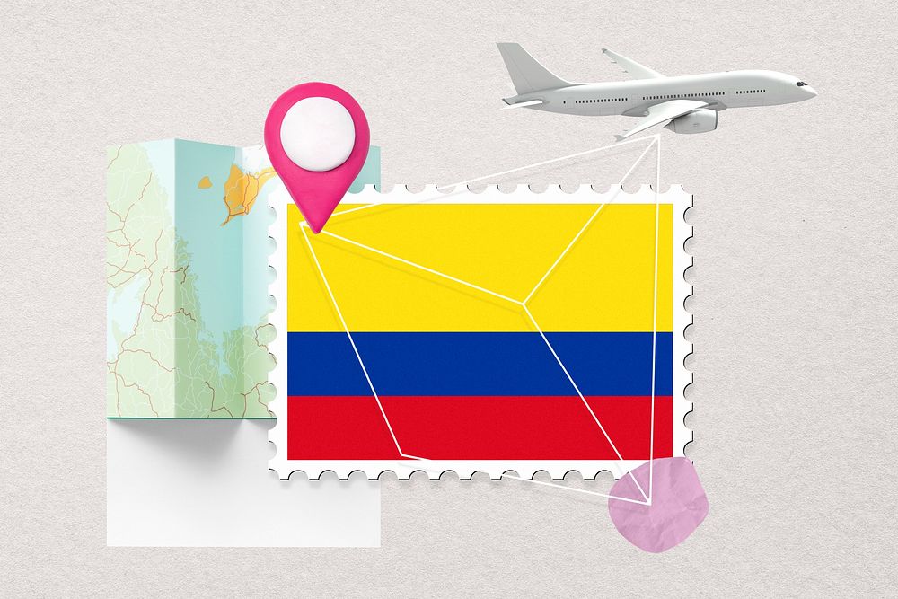 Colombia travel, stamp tourism collage illustration