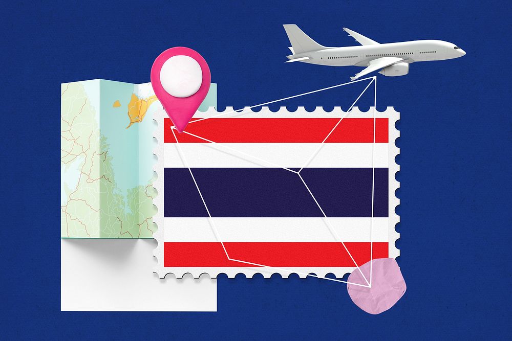 Thailand travel, stamp tourism collage illustration