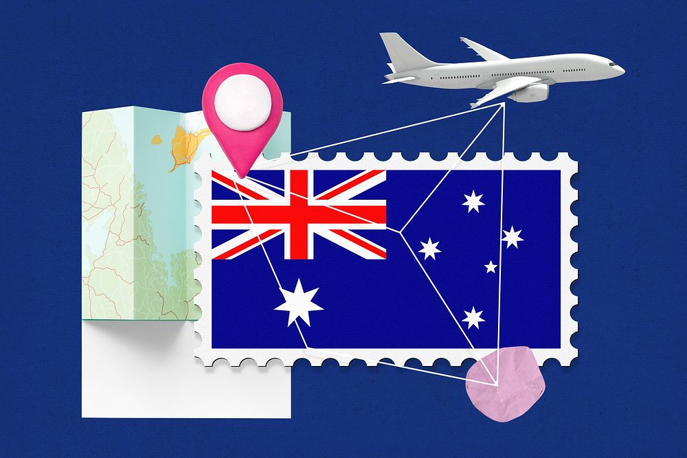 Australia travel, stamp tourism collage illustration