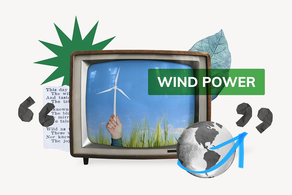 Wind power, TV news, environment collage
