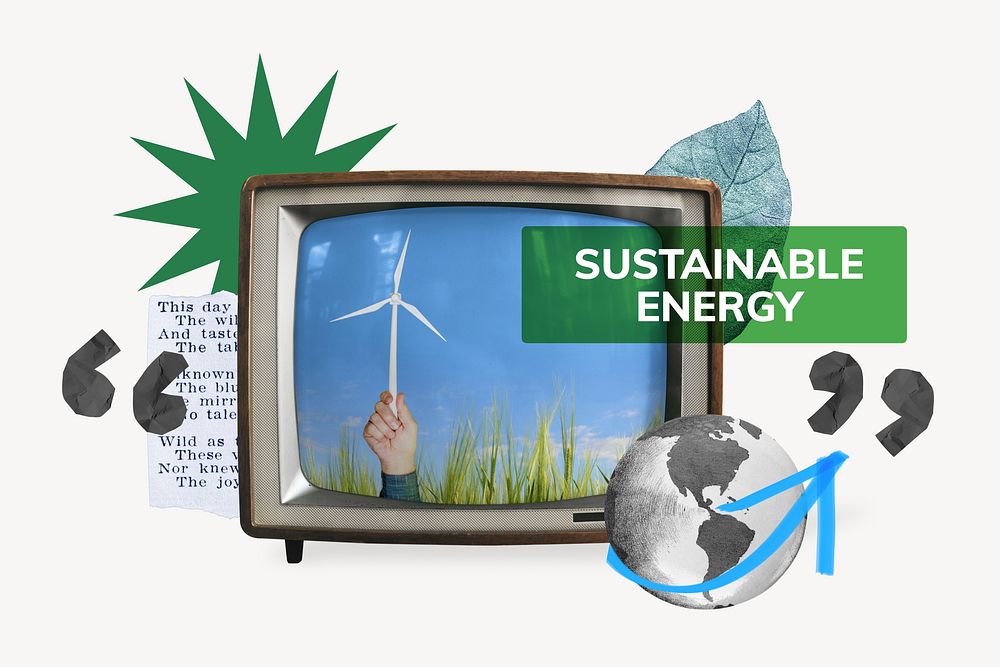 Sustainable energy, TV news, environment collage