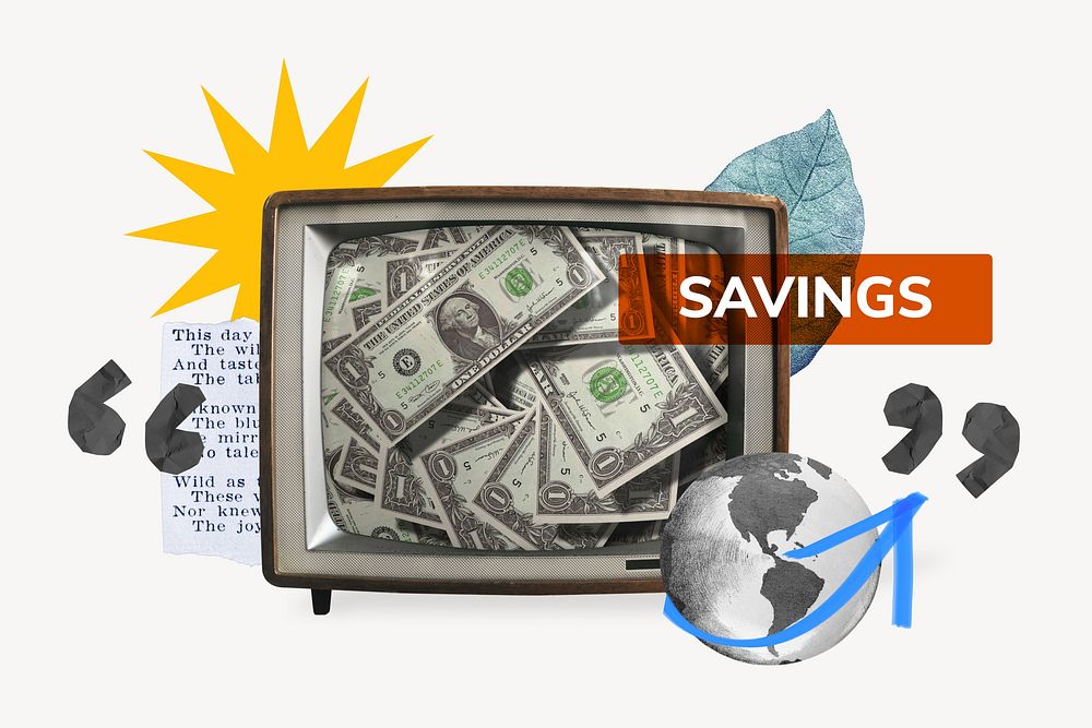 Savings, TV news, money collage