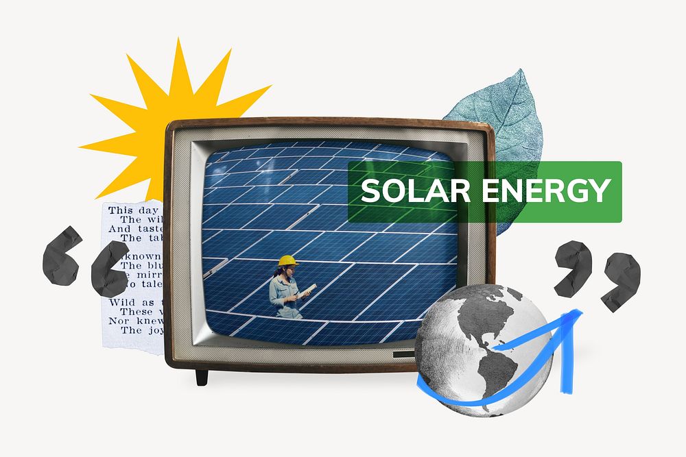 Solar energy, TV news, environment collage