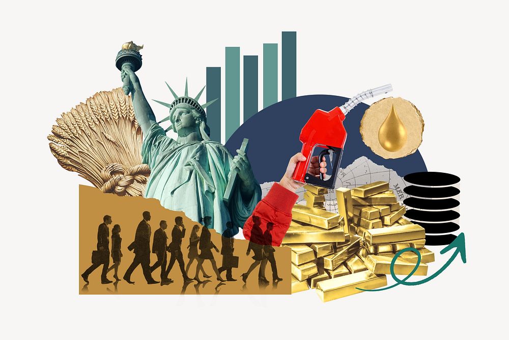 American commodity market, economic growth, finance politics collage
