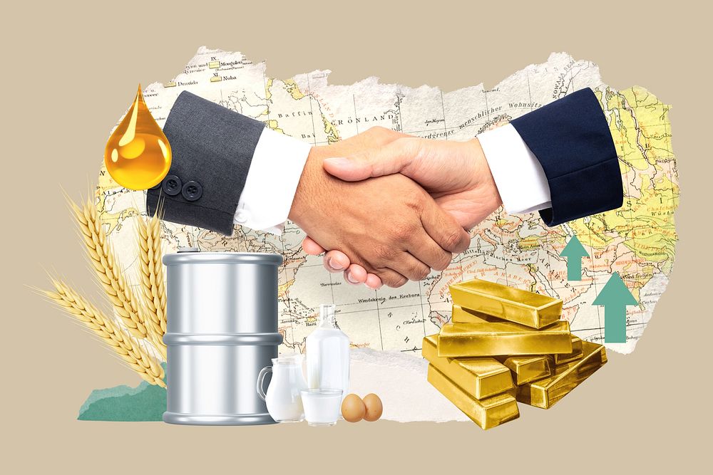 International commodity market, economy finance collage