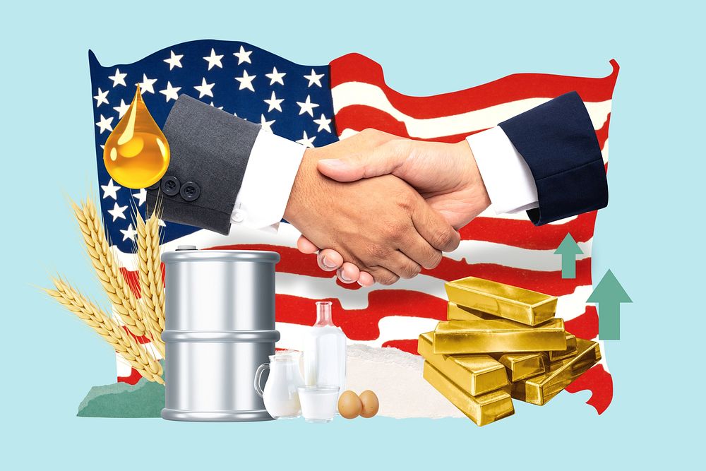 American commodity market, economy finance collage