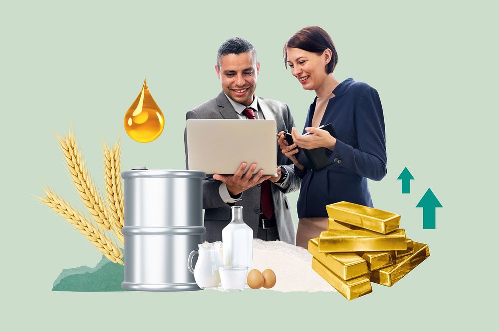 Commodity trading, economy finance collage