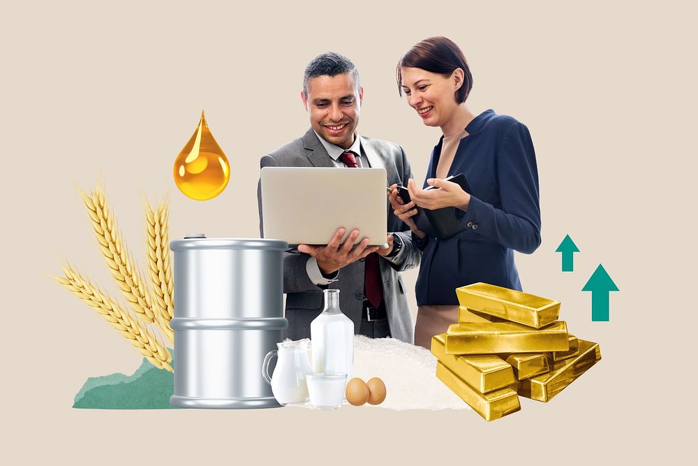 Commodity trading, commodity market, economy finance collage