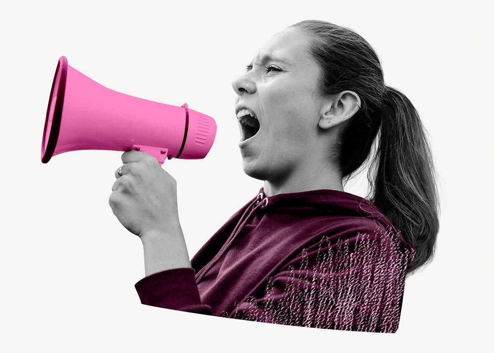 Protester shouting into pink megaphone 