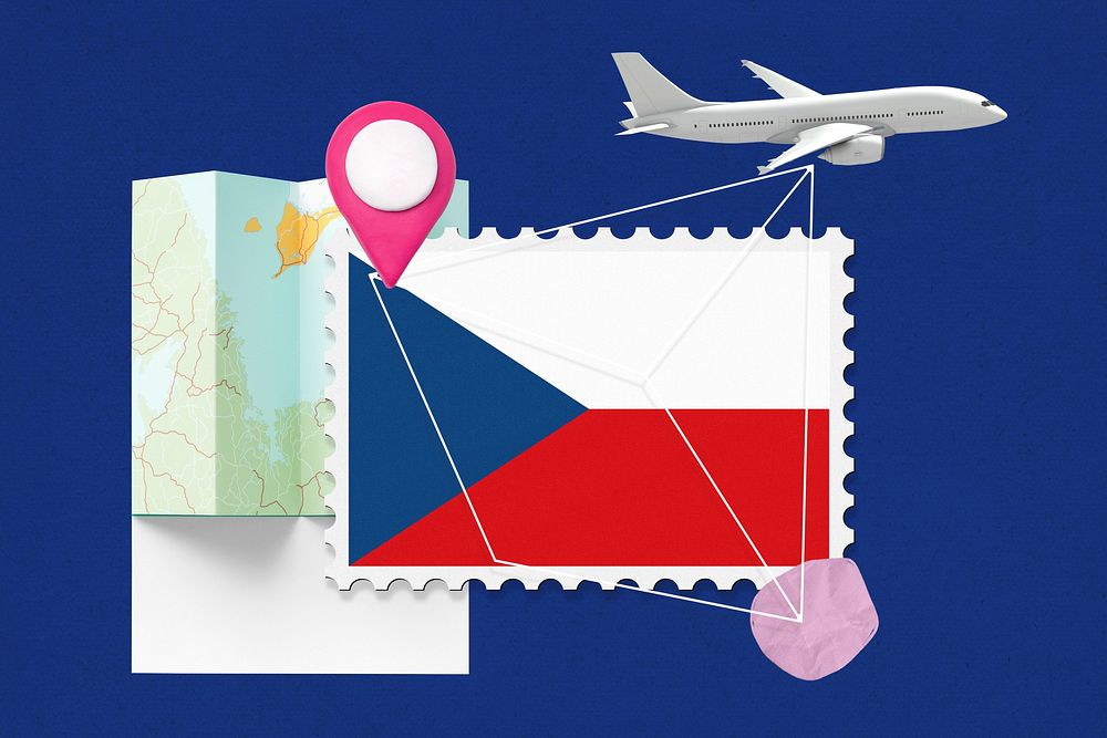 Czech travel, stamp tourism collage illustration