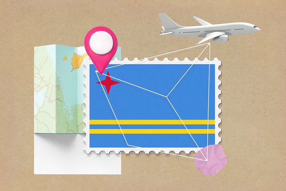 Aruba travel, stamp tourism collage illustration