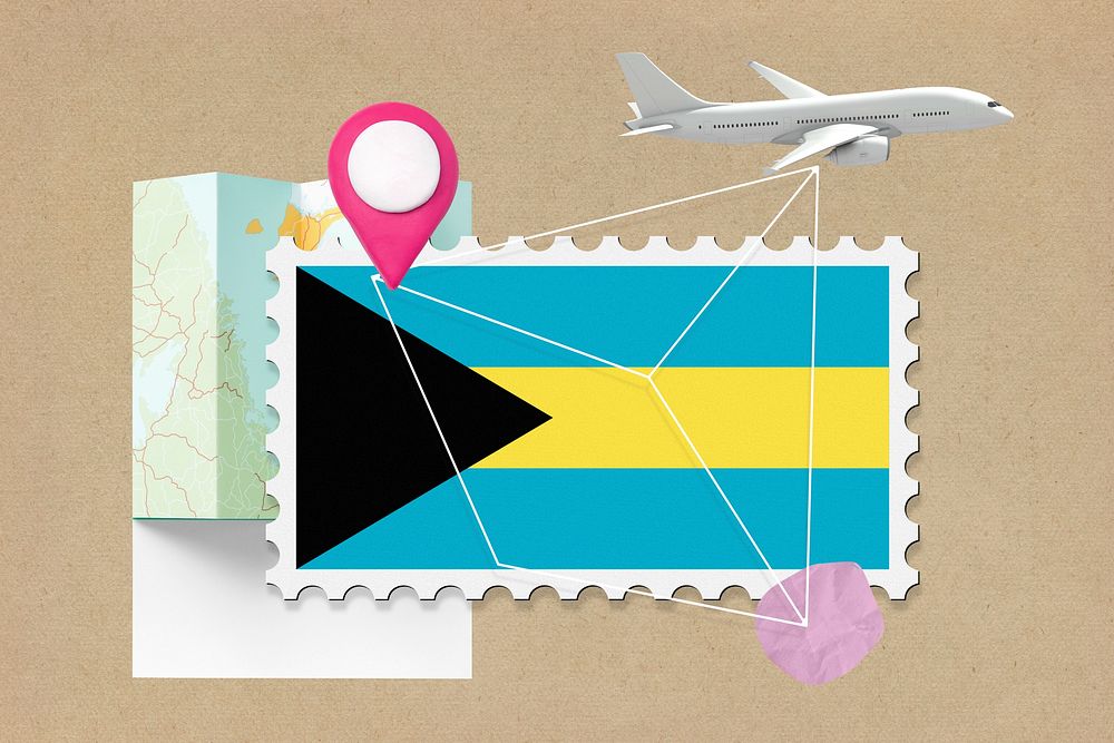 Bahamas travel, stamp tourism collage illustration