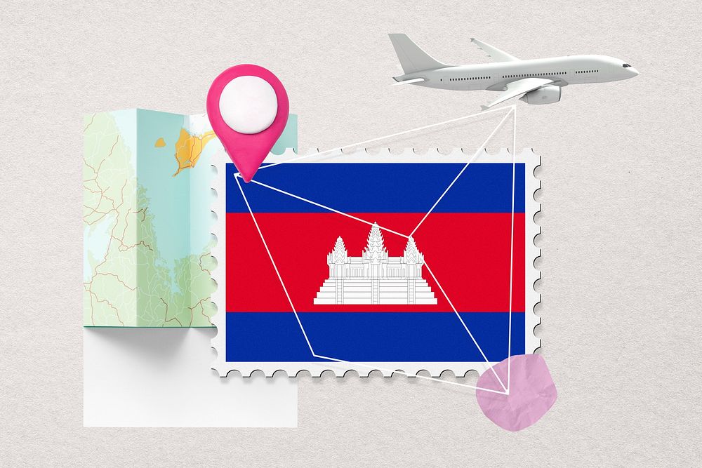 Cambodia travel, stamp tourism collage illustration