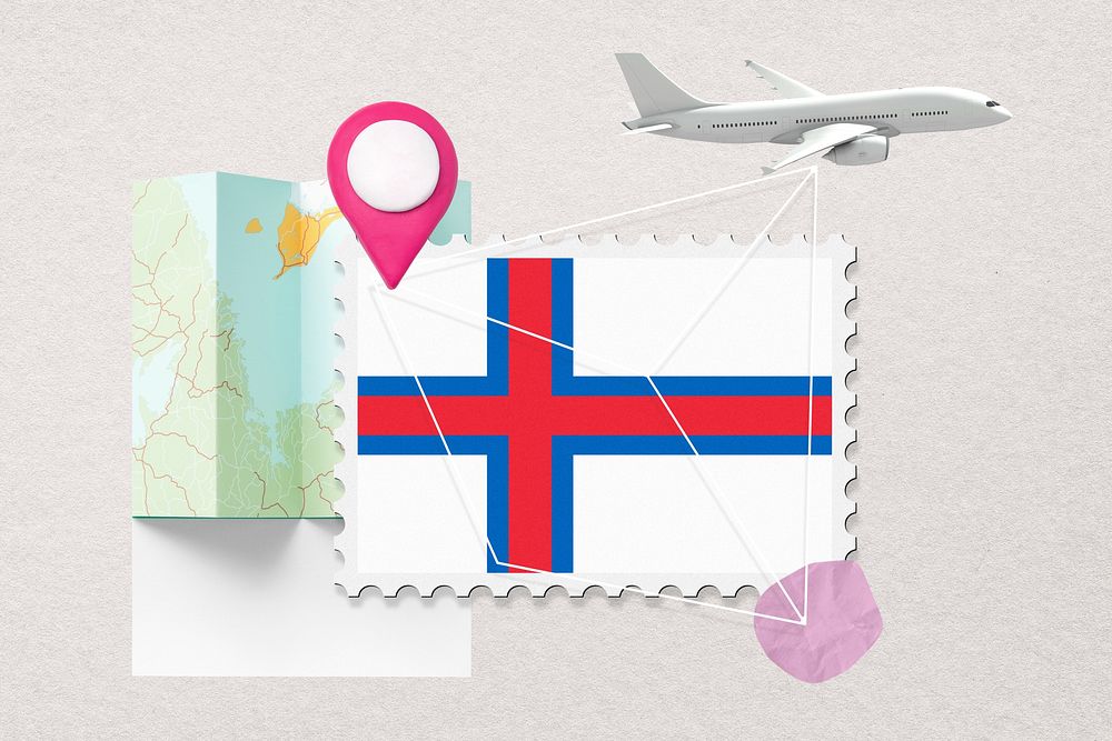 Faroe islands travel, stamp tourism collage illustration