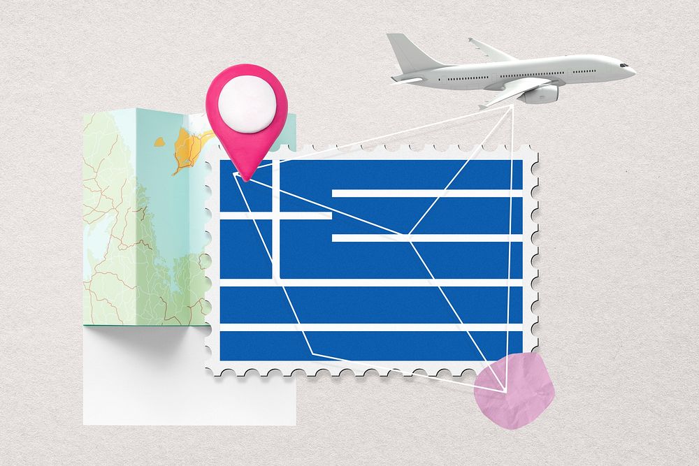 Greece travel, stamp tourism collage illustration