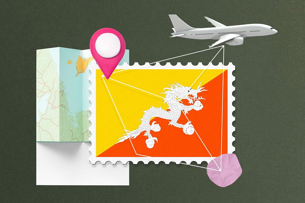 Bhutan travel, stamp tourism collage illustration
