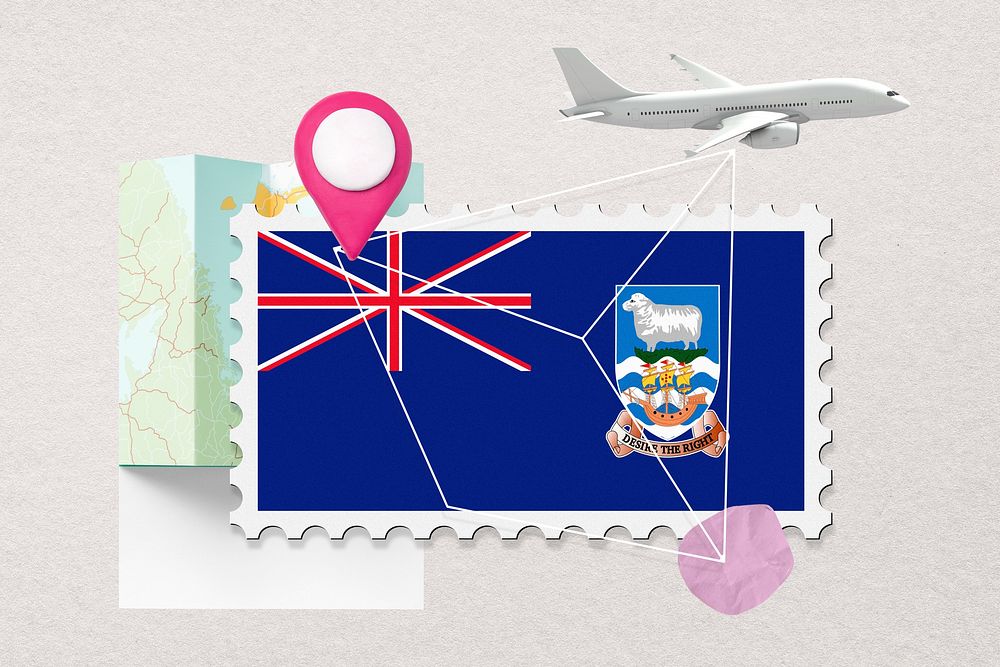 Falkland Islands travel, stamp tourism collage illustration