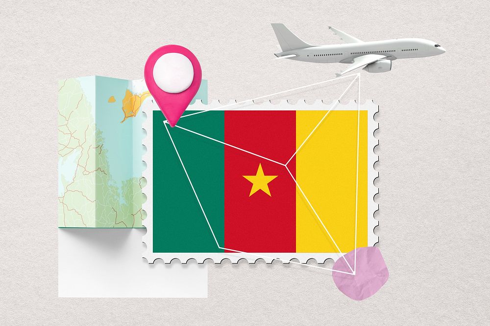 Cameroon travel, stamp tourism collage illustration