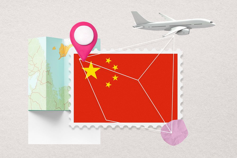 China travel, stamp tourism collage illustration