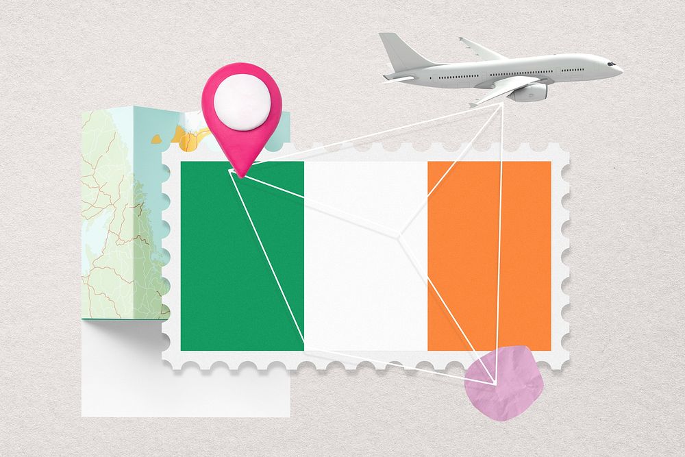 Ireland travel, stamp tourism collage illustration