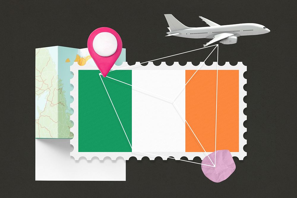 Ireland travel, stamp tourism collage illustration