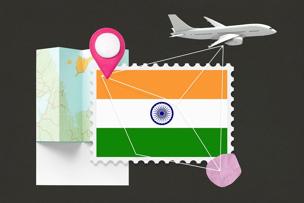 India travel, stamp tourism collage illustration