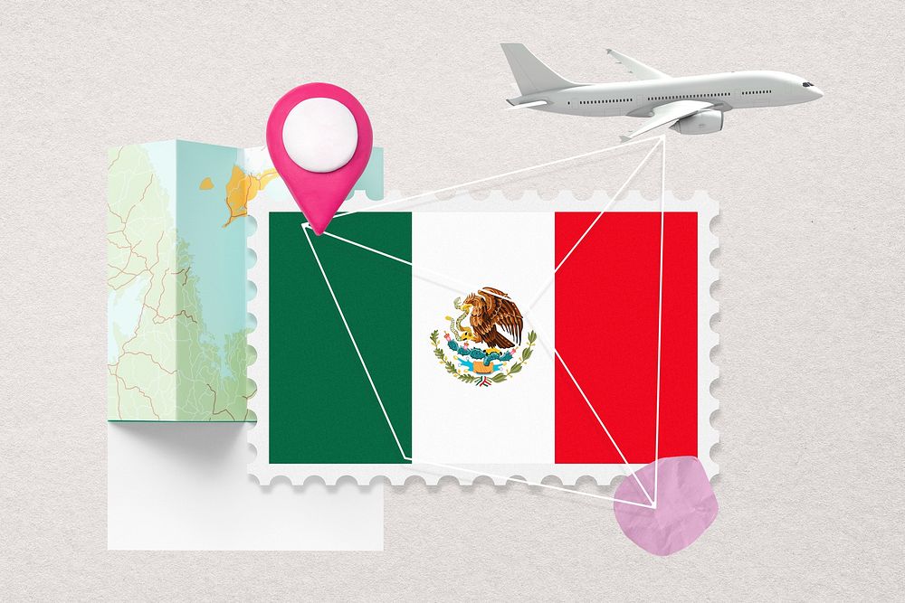 Mexico travel, stamp tourism collage illustration